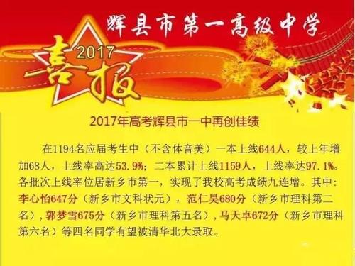 辉县2017一中分数线 辉县中学高考第一名